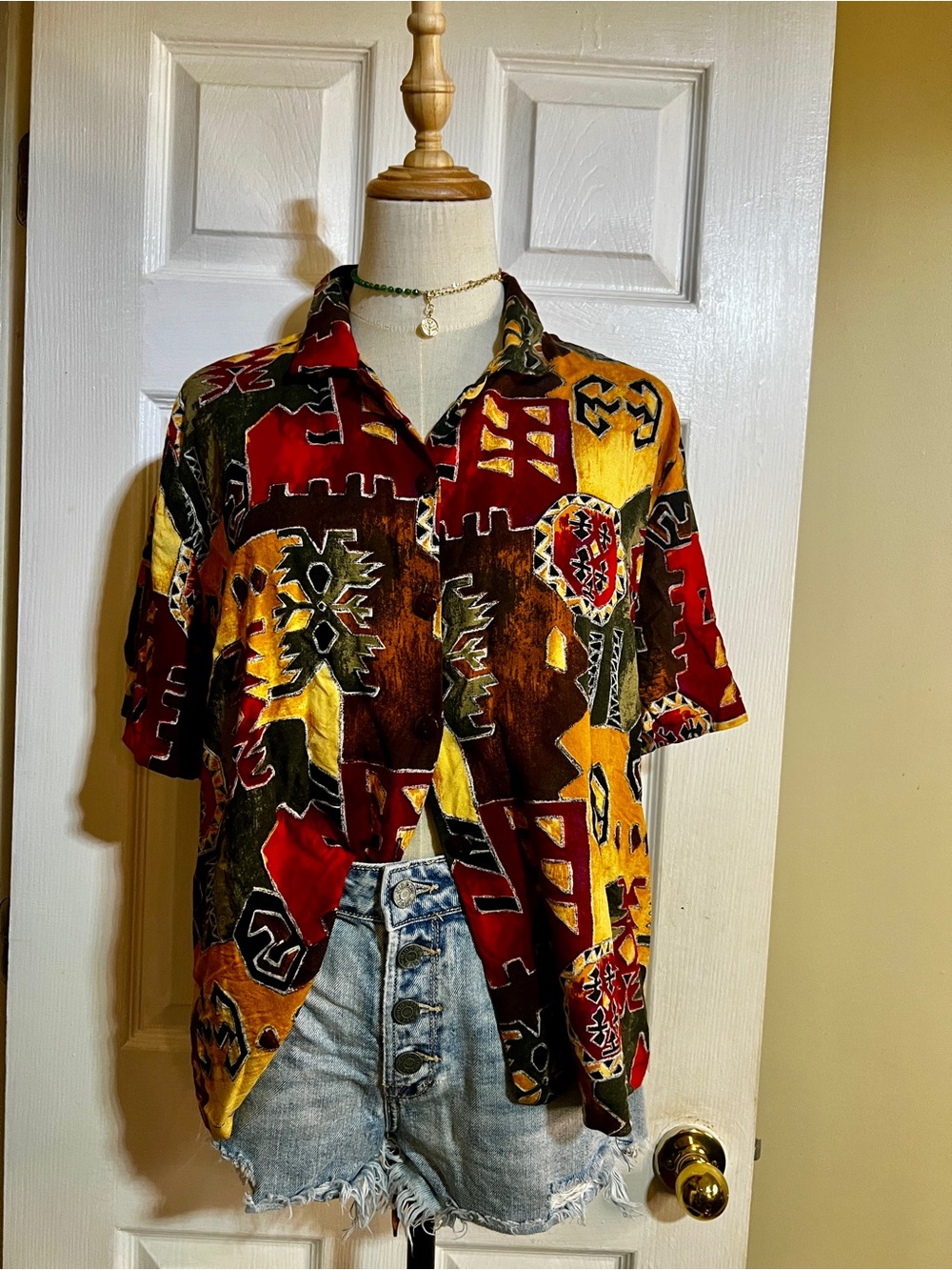 Gardenia Rosa Vtg 90s Rayon Bold Abstract Print S/S Retro Casual Blouse L
